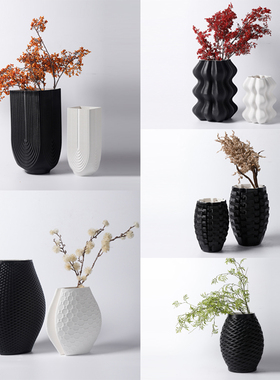 现代轻奢黑白3D打印陶瓷几何花瓶B摆件样板间酒店别墅客厅花器饰