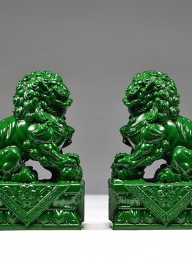 绿色木雕狮子摆件一n对狮子实木质家居客厅创意桌面装饰摆设工艺