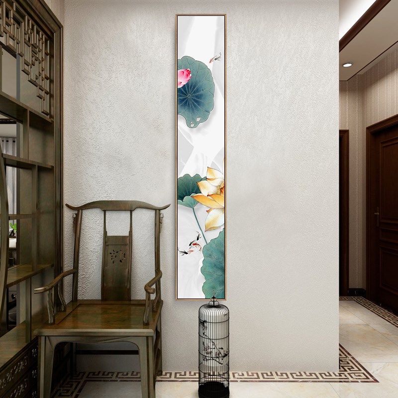 网红玄关花装饰境画新中式入户门B窄墙面挂画竖版细长条形意荷鸟,家居饰品,现代装饰画,淘宝优惠券,粉丝福利购,淘宝优惠卷