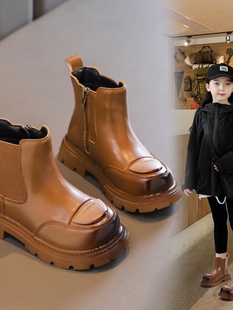 儿童鞋 女童冬季 短靴2023韩版 新款 子马丁靴加绒中筒靴女宝棕色棉靴
