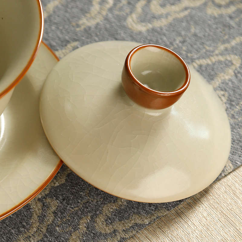 米黄汝窑三才盖碗泡茶碗不烫手茶杯单个家用S喝茶碗大功夫茶具