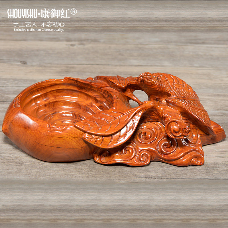 黄花梨木雕创意蝙蝠烟灰缸摆件实木质家居办公饰品W摆设红木工艺