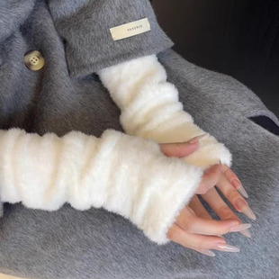 软糯毛绒半指手套女加绒保暖春秋袖套可爱仿兔毛日系长袖漏指手套