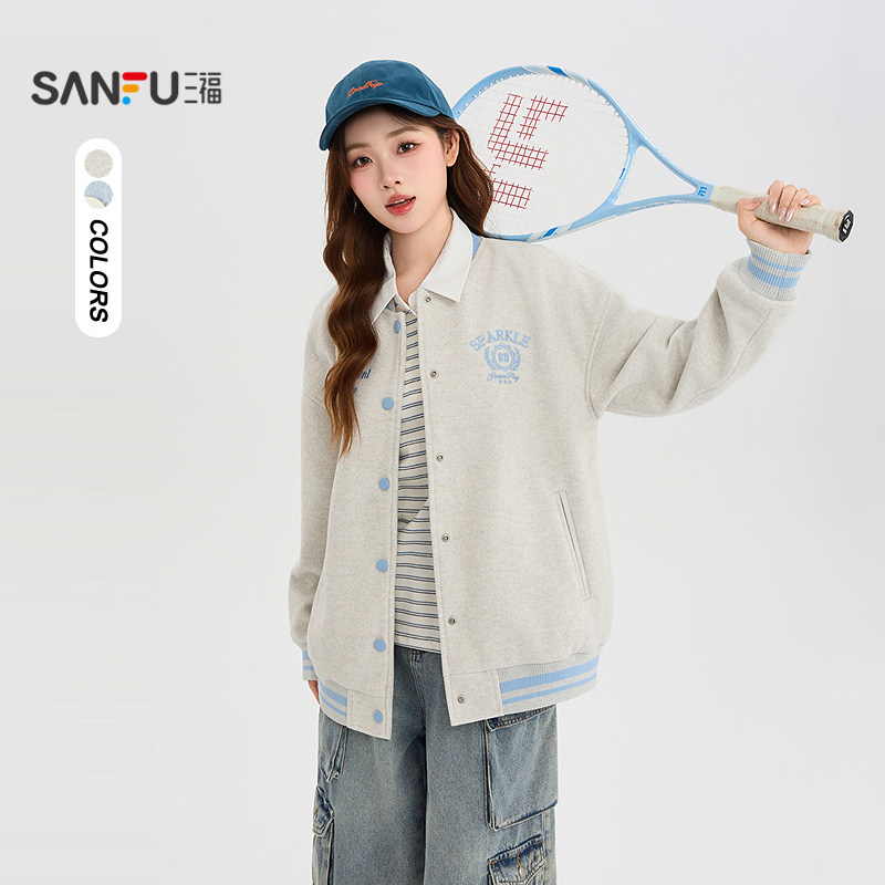 三福厚外套2026秋季撞色罗纹袖口领口刺绣装饰棒球服女装531821