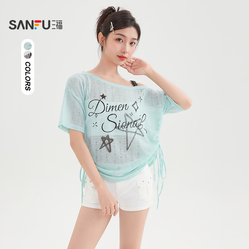 三福短T恤2025夏季侧边抽绳星星图案斜肩蕾丝上衣女装503860