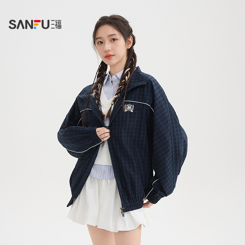 三福单外套2026春季街潮学院风格子徽章翻领夹克女装517588