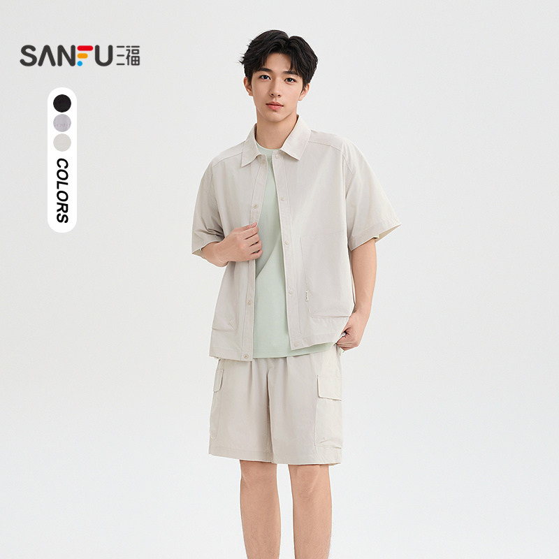 三福2026夏季男士拼格套装 都市休闲翻领大口袋上衣裤子523830