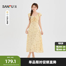 三福连衣裙2026夏季绑带装饰V领木耳花边收腰长裙女装527172