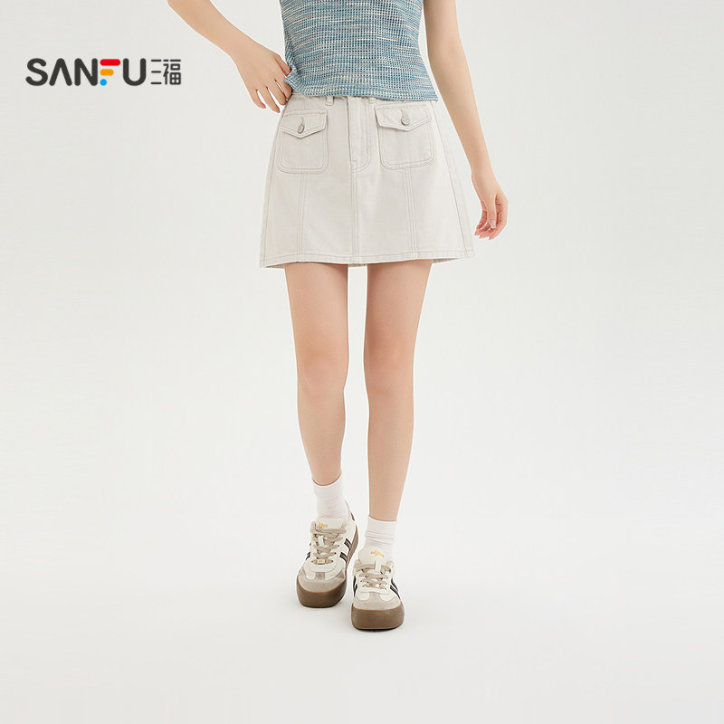 三福半裙2026夏季口袋盖防走光内衬小A裙短裙女装525620