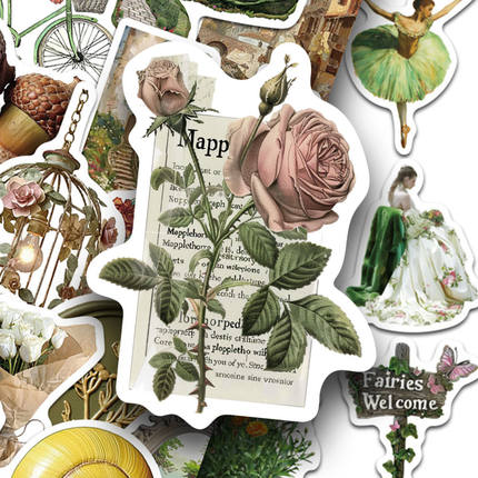 100张美式田园风复古贴纸ins风小众乡村绿色系小物件手账本手机壳笔记本电脑平板桌面装饰防水贴画