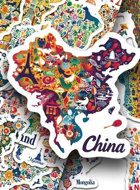100张国家创意贴纸国家版图Maps In cultural Symbols And Icons手账素材手机壳笔记本电脑ipad平板水杯贴画