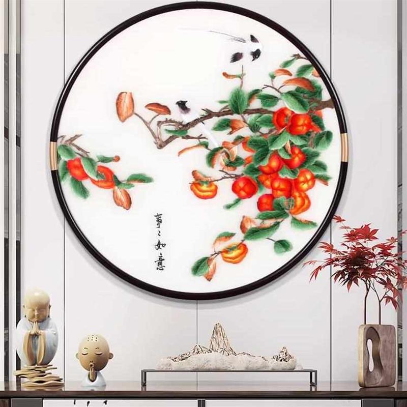 新中式圆形装饰画五福刺绣入户玄关尽头走廊壁画立体苏绣餐厅墙画图片