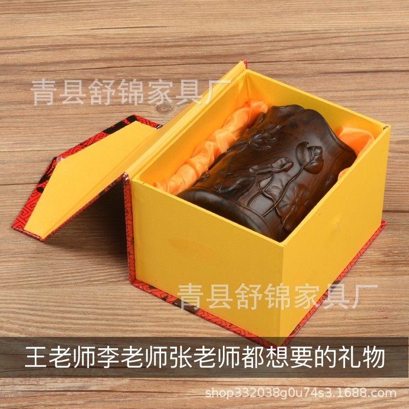 红木浮雕刻笔筒工艺摆饰木雕刻实木黑檀木质喜上T眉梢办公室笔筒