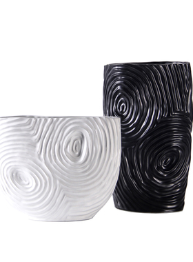 现代极简黑白螺旋k纹陶瓷花瓶摆件家居样板间酒店客厅扁形花器装