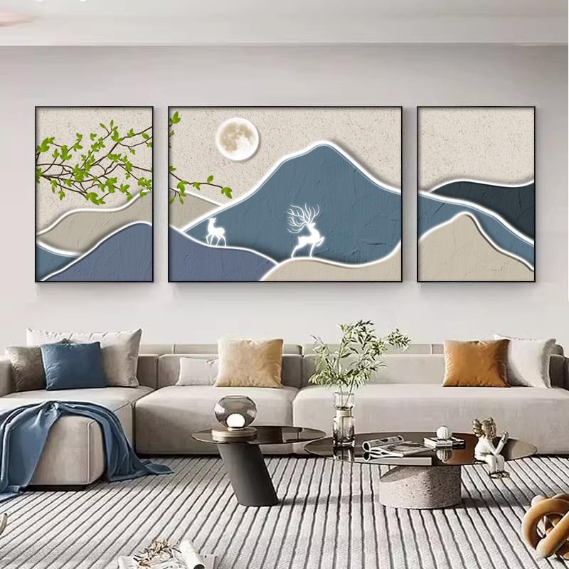 网红背靠山高客j厅装气饰有画现三代轻奢沙发背景墙联挂画麋鹿档