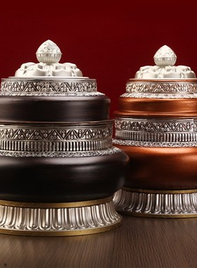 藏式尼泊尔吉祥红铜合金糌粑盒格桑花打酥油O茶收纳罐家用摆件光
