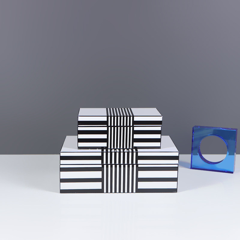 北欧现代创意轻奢黑白色r条纹木质烤漆首饰盒衣帽间卧室梳妆台摆