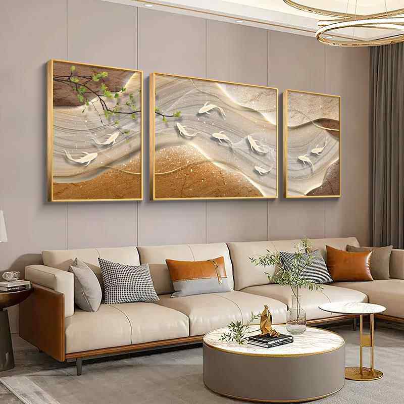 九鱼图客厅装饰画现代q轻奢沙发背景墙挂画简约大气高级感三联壁,家居饰品,现代装饰画,淘宝优惠券,粉丝福利购,淘宝优惠卷