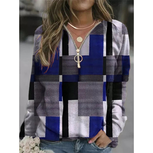 Womens Plaid Patchwork Sweatshirts Tops Spring Autumn .Zipp
