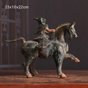 仿古做旧陶器马上人汉代陶马骑马俑汉绿釉马摆件T复古家居装饰收