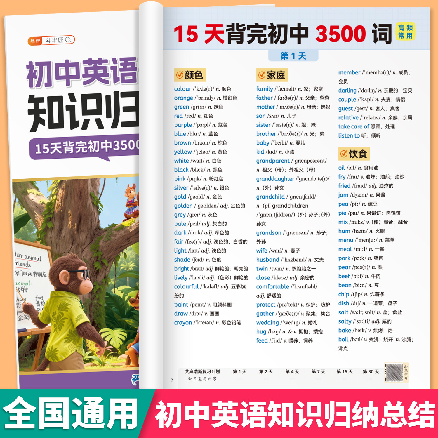 初中英语知识归纳总结七年级八九年级单词短语中考句式语法大全记背3500词核心词备考初一初二三高频词汇手册