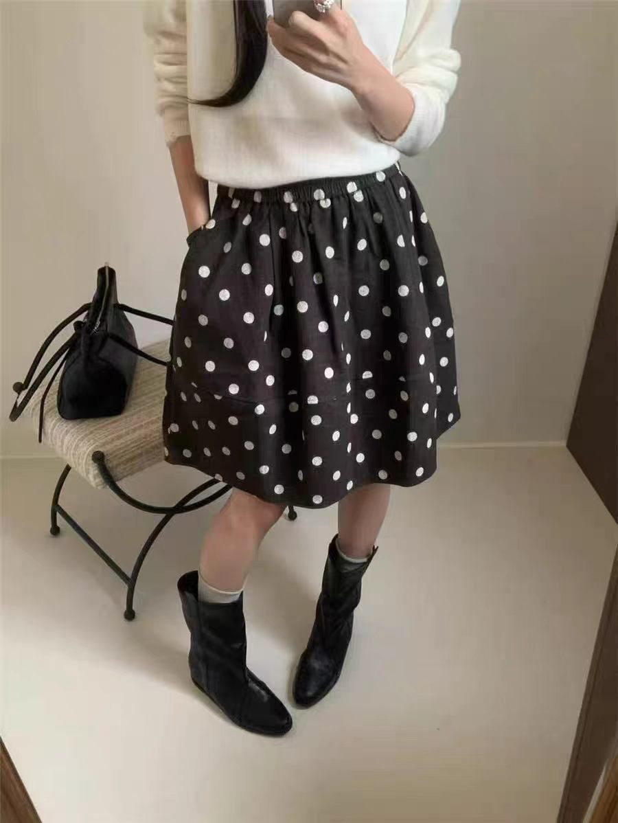 【小田直播间】波点半身裙 文艺风松紧腰休闲中裙//有口袋