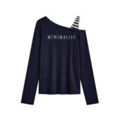 T恤3 斜肩条纹拼接露肩长袖 甜甜圈专享