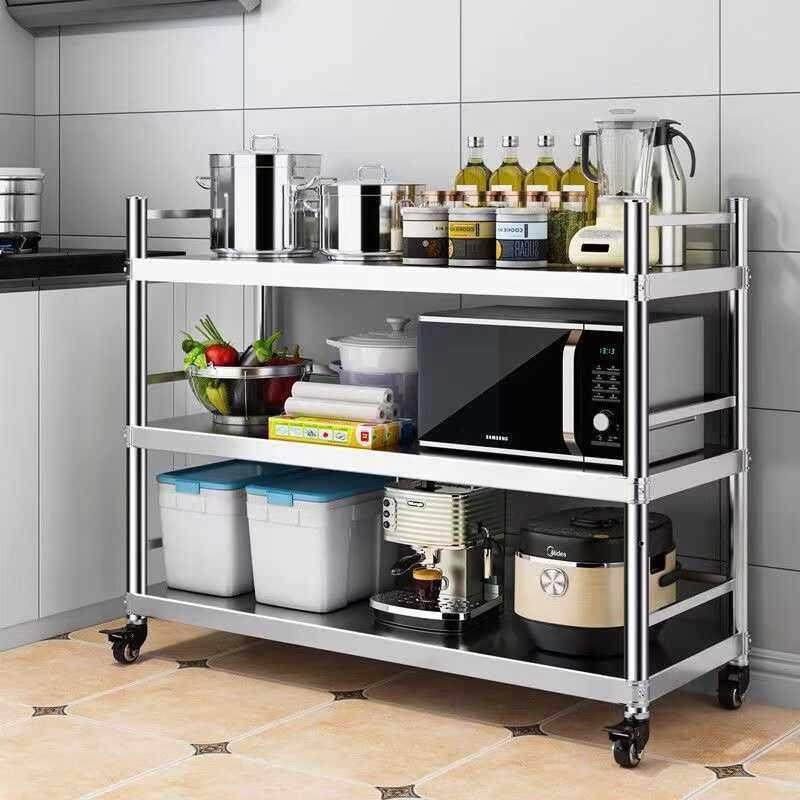 可移动置物架厨房不锈钢带围栏微波炉烤箱架子三层落地锅架带轮子,厨房/烹饪用具,厨房置物架/置物柜/角架,淘宝优惠券,粉丝福利购,淘宝优惠卷