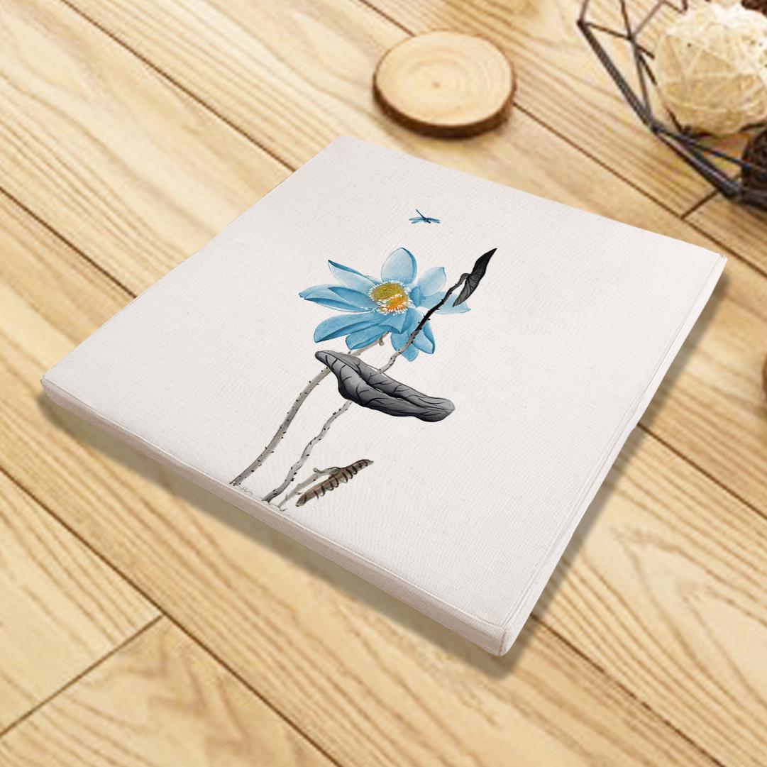 简约荷花棉麻沙发坐垫中国风太师椅子垫榻榻米床垫凳子餐椅子铺垫