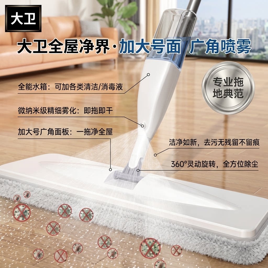大卫喷雾免手洗干湿两用平板拖把