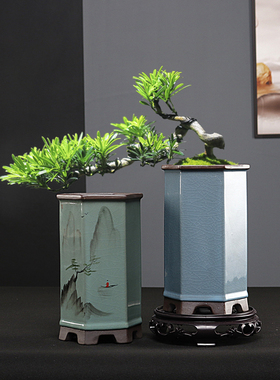 简约六角形紫砂兰花专用花盆飘枝崖柏老桩多肉高款文竹盆室内家用