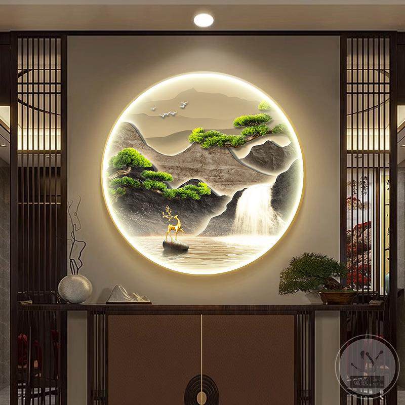 流水生财圆形玄关装饰画高级感LED灯画大气山水画客厅挂画墙壁画
