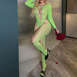 火辣豹纹性感连体网衣女式连体衣长袖镂空透视提花网袜连体连体袜