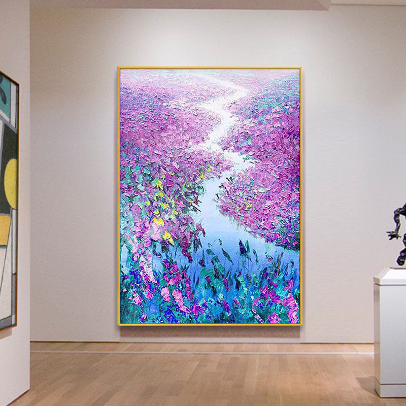 大幅手绘油画蓝色花海现代玄关走C廊过道装饰画客厅饭厅背景墙壁