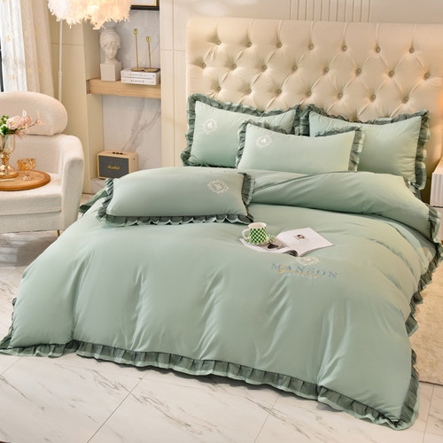 韩式轻奢裸睡床裙四件套全棉刺绣少女心纯棉O柔软亲肤Z床单被套床