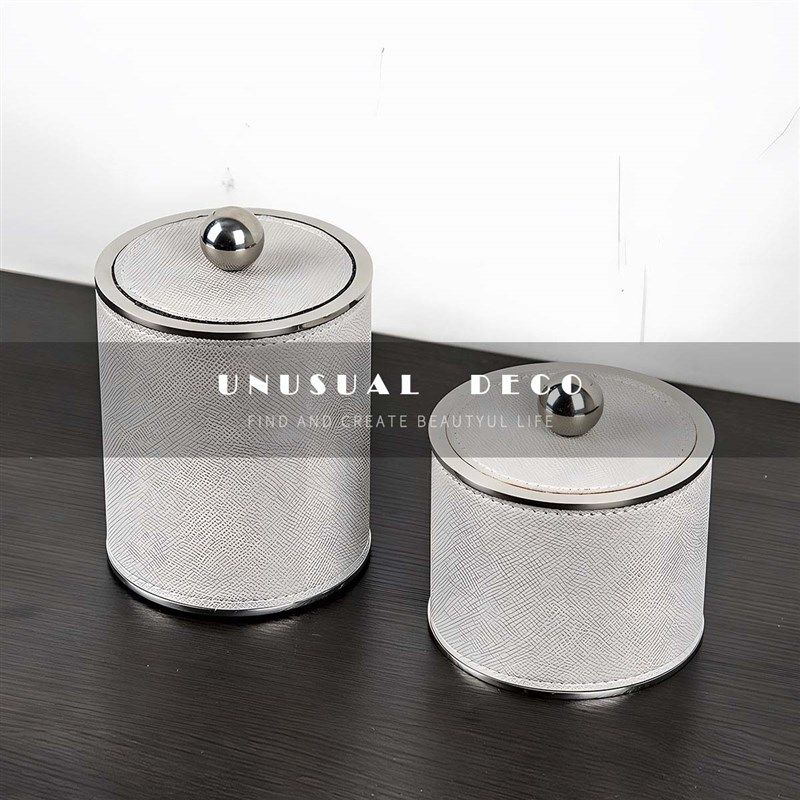UNUSUAL 现代轻奢高端金属皮革圆形收纳L罐样板间装饰品卫浴收纳