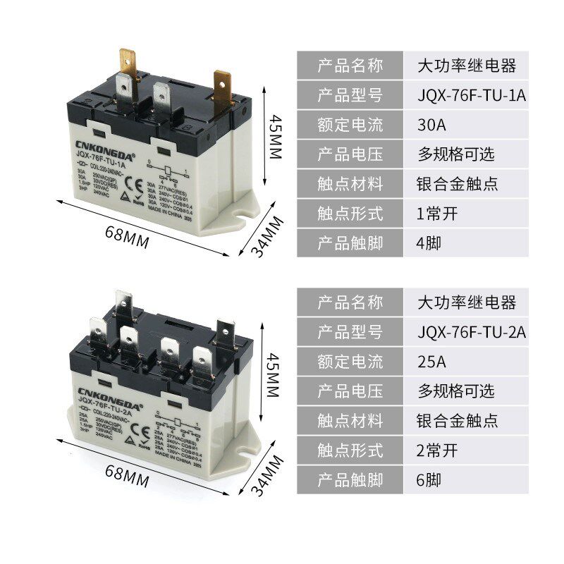大功率继电器JQX-76F-TU-2A-1A AC220V DC24V BLU G7L-2A-TUB同款