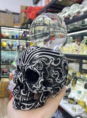 水晶球底a座树脂摆件 雕花骷髅头摆件树脂花纹鬼头摆设工艺品球托