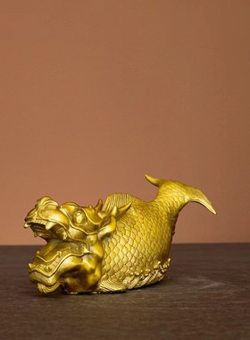 黄铜龙头鱼鳌鱼摆件鸱吻年年有y鱼螭吻瑞兽书房办公室玄关家居摆