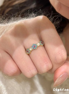 新中式青花瓷蓝色滴釉花朵戒指女