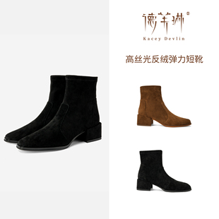 德芙琳鹿皮丝光反绒弹力面方头跟高5CM时尚百搭款KD8082
