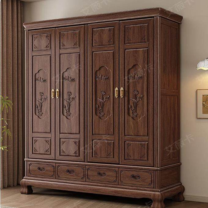 中式花梨木实木衣柜卧室带雕花储物柜子全实木对开门高端推拉衣橱