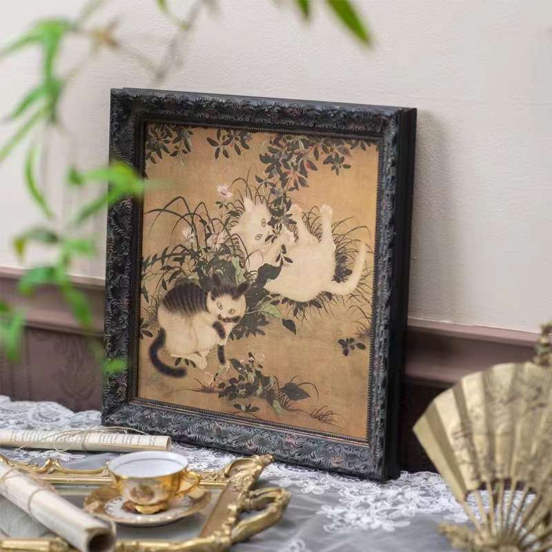 新中式中古法式复古风唐代朱瞻基猫动物客餐厅卧室挂画客厅装饰画图片