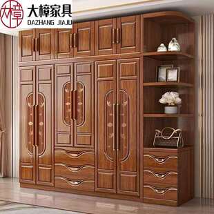 胡桃木衣柜新中式雕花实木主卧家用三四五六门平开组合储物大衣橱
