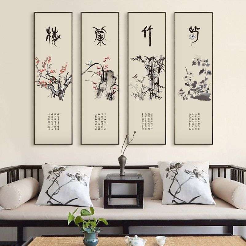 大芬油画村挂画客厅中式梅兰竹菊装饰画四联水墨荷花国画书房茶室图片