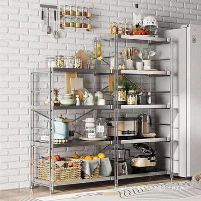 日式不锈钢置物架厨房落地微波炉家用摆放收纳架仓储超市落地货架