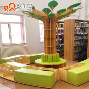幼儿园书架树形书柜带沙发坐凳靠背托育阅读架阅览室休闲椅树书架