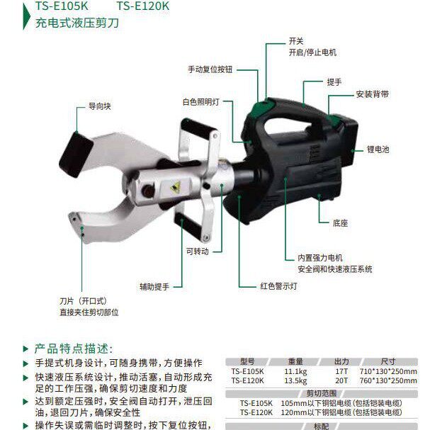 充电式液压剪刀剪切范围120mm铜铝电缆铠装电缆ES-105KES-120K