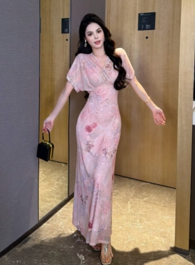 夏季新款清新复古法式设计感小众收腰交叉V领两件套连衣裙