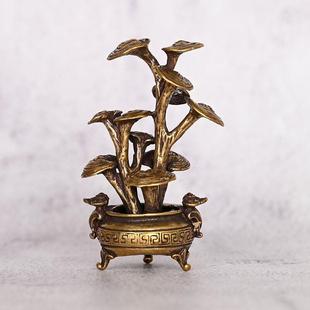 饰工艺品 创意纯铜灵芝盆栽铜雕茶宠小摆件实心黄铜家居办公桌面装